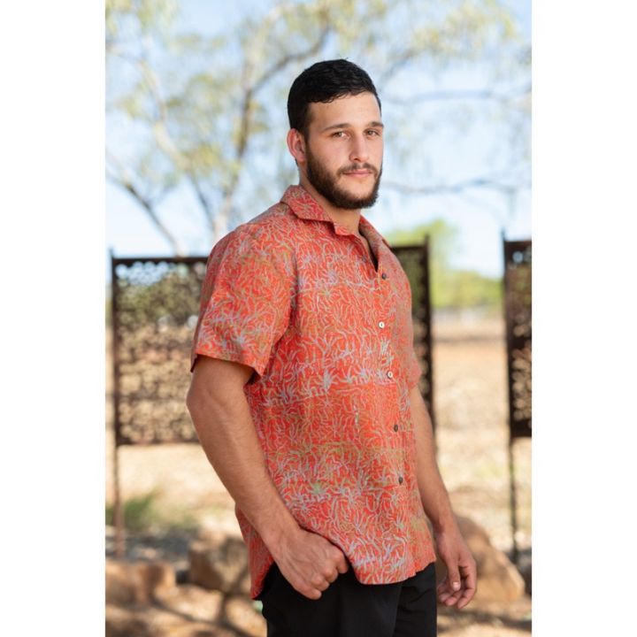 Boonkaj Collection - Unisex shirt - prickly wattle orange with green blue - handprinted textile -3.jpg