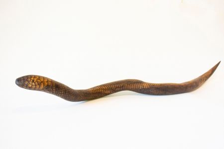 5475 20 King Brown Snake 2020 carved and burned ironwood 110 x 6.5 x 16cm  We always see this animal in the bush and we stay away from him.   Some people have this snake as their totem.  Mine is the goanna.