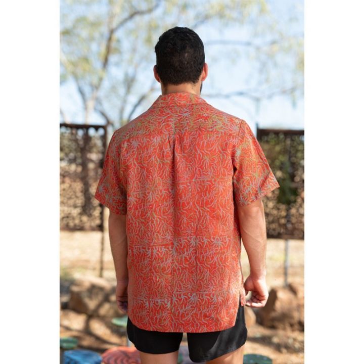 Boonkaj Collection - Unisex shirt - prickly wattle orange with green blue - handprinted textile -2.jpg