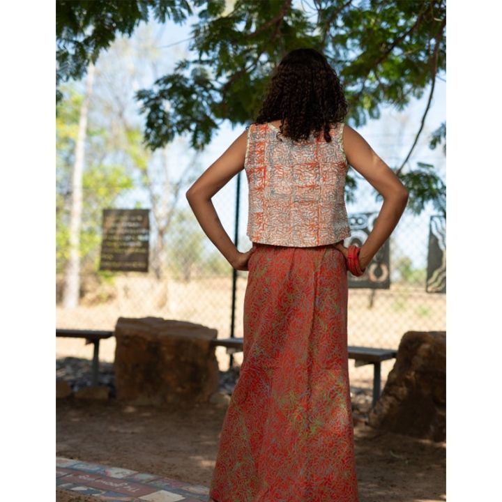 Boonkaj Collection- Sleeveless Boxy Top  - prickly wattle white with orange blue - handprinted textile-2.jpg